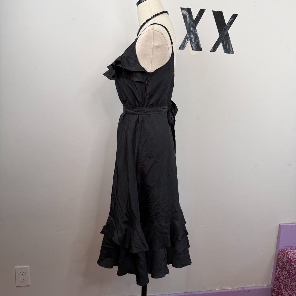 Vintage Y2K Black Silk Ruffle V-Neck Tie-Waist Romantic Tiered Midi Slip Dress 4 - Picture 6 of 8
